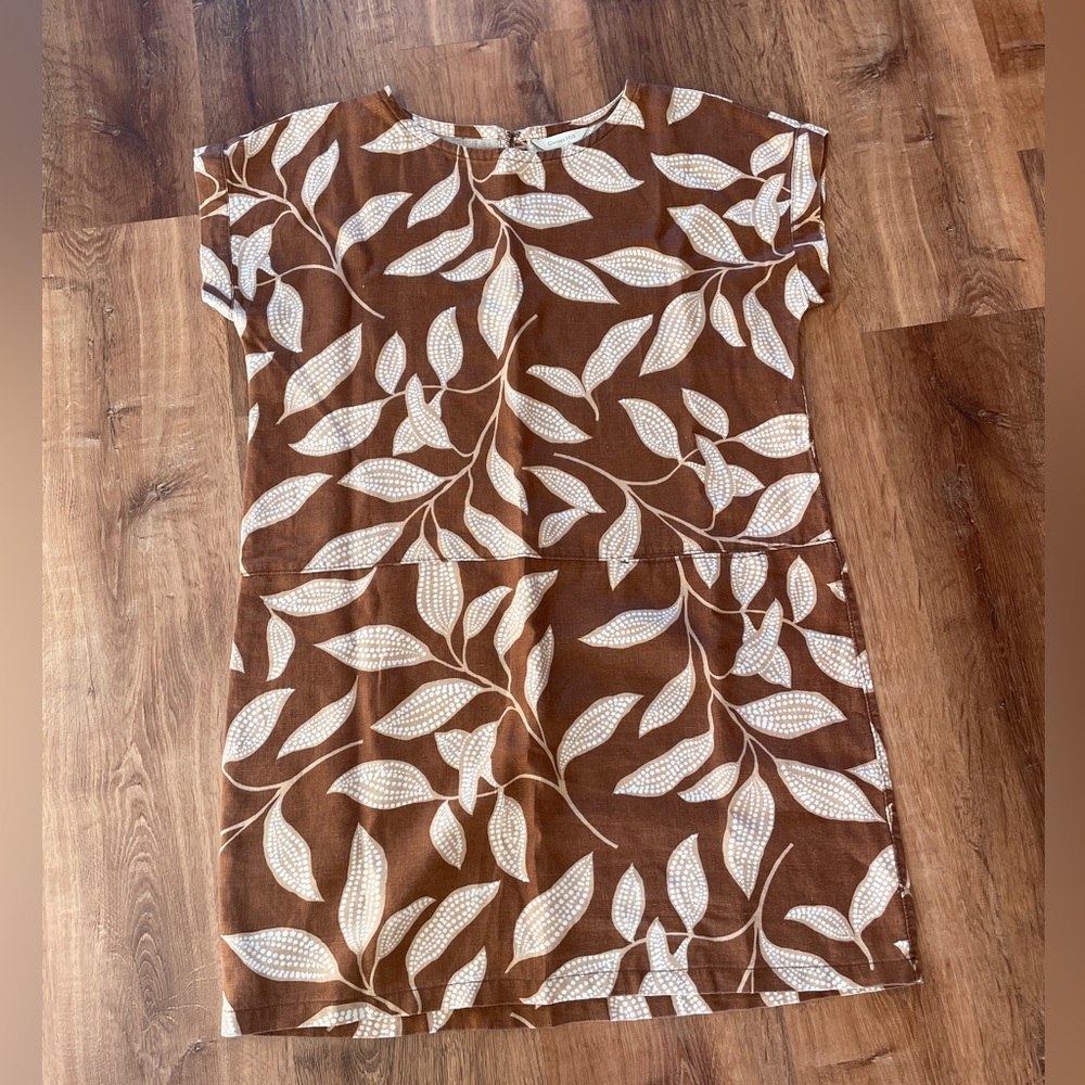 Garnet Hill Womens 100% Linen Shift Dress Brown Size XL Pocket Boho Printed - Picture 5 of 10